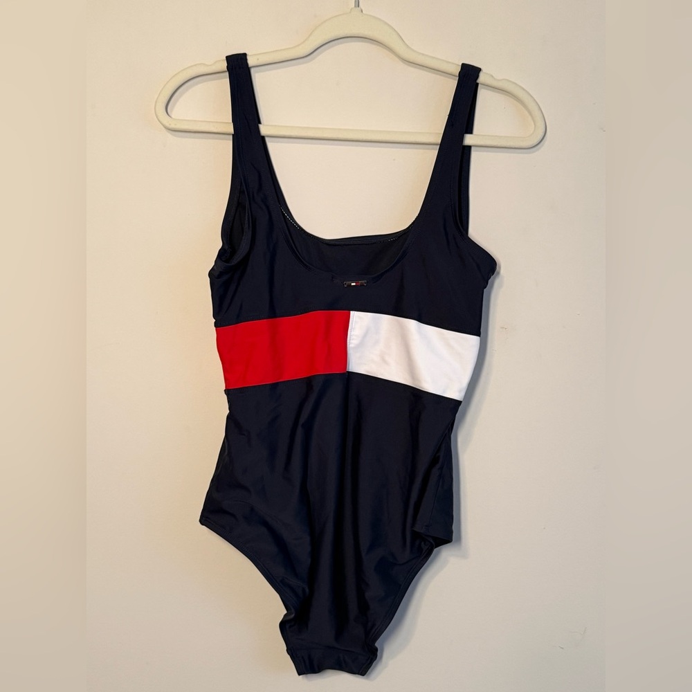 Tommy Hilfiger Colorblock One-Piece Swimsuit Black Red White XL - Picture 3 of 4